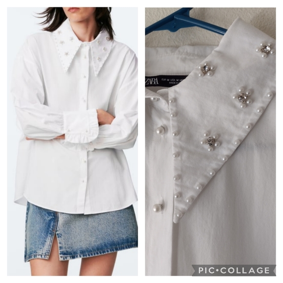 Zara Tops - ZARA White Cotton Ruffle Trim Jewel & Pearl Collar Button Down Poplin Top